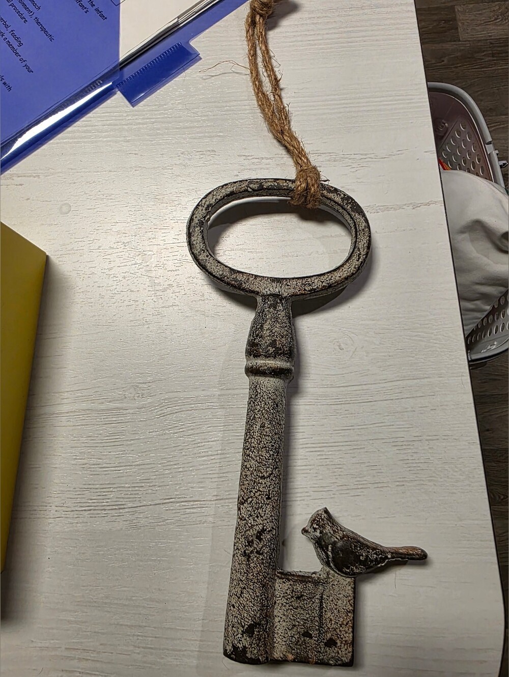 Decorative Oversized Key with Bird Accent in Distressed White